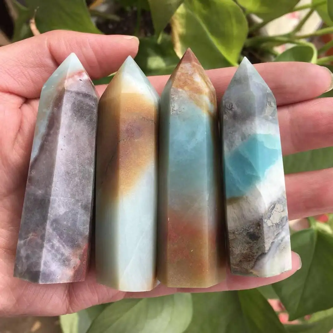 Natural Caribbean Calcite Crystal Hexagon Wand Single Point Sky Blue Healing Stone Tower For Decoration