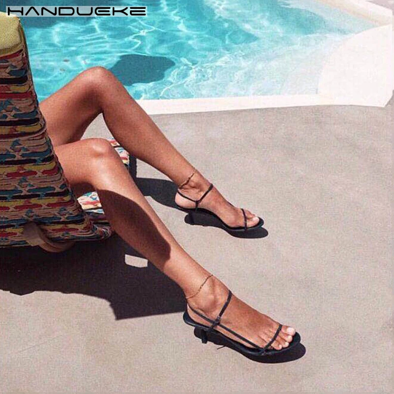 2021 Summer Kitten Heels Sandals Woman Cross Strap Thin Heel Shoes Woman Ankle Strap Open Toe Narrow Band Women Dress Sandals