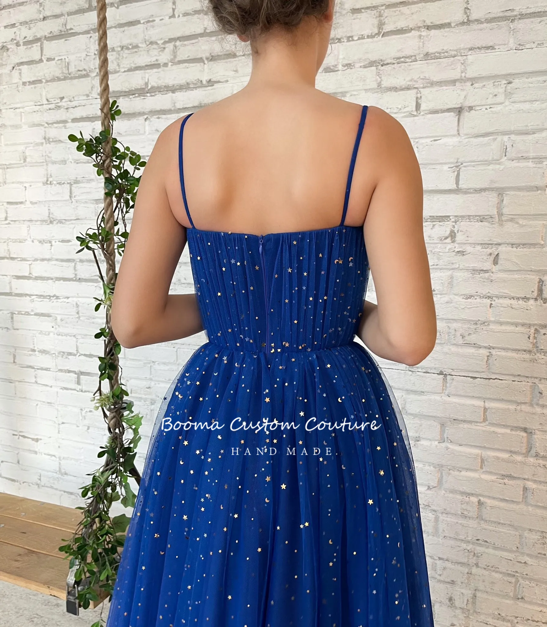 Booma Glitter Royal Blue Starry Tulle Midi Prom Dresses Spaghetti Straps Tea-Length A-Line Formal Evening Dresses Party Gowns