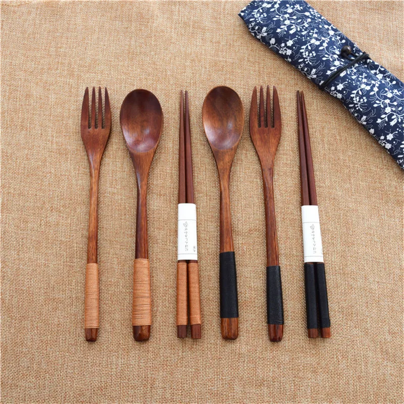 4set Portable Wood Tableware Wooden Cutlery Sets Travel Dinnerware Suit Environmental with Cloth Pack Gifts Set