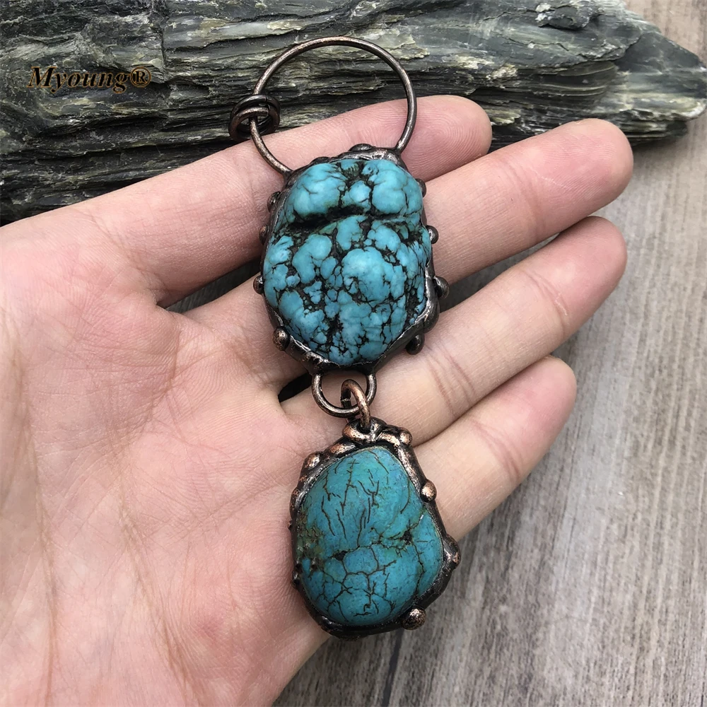 5PCS Boho Jewelry Soldered Antique Bronze Plated Natual Blue Turquoises Stone Vintage Necklace Pendants MY220103