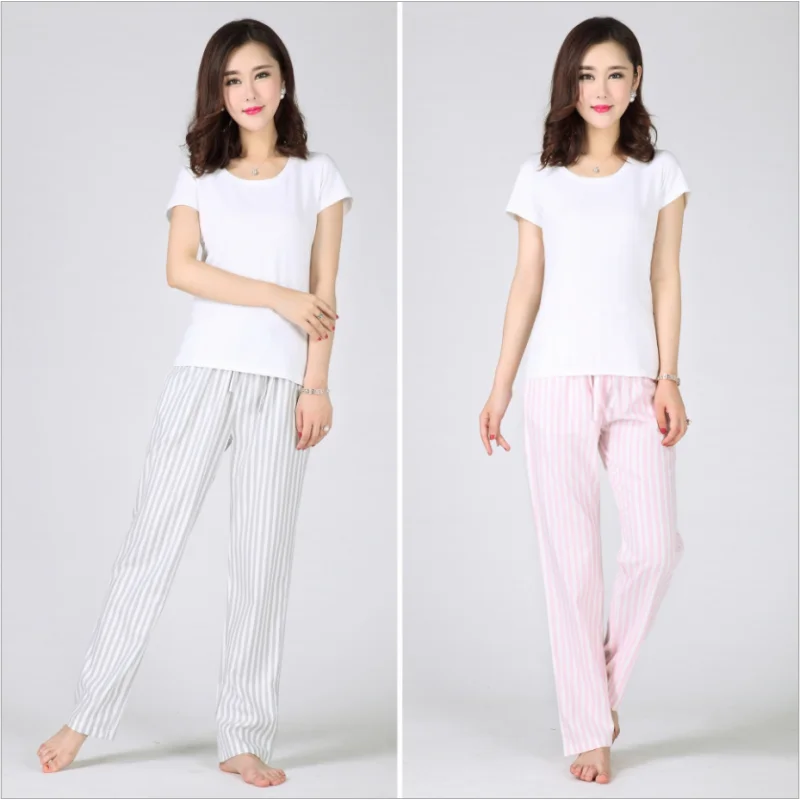 Spring Summer Women 100% Cotton Home Pants Female Lounge Trousers Sleepwear Pants Ladies Casual Striped Sleep Bottoms S-XL