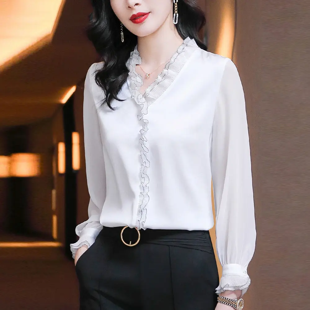 Women\'s Blouse Elegant Lace Ruffles Chiffon Shirts Spring Autumn Office Lady Commuter Long Sleeve Pullovers Chic Vintage Blouse