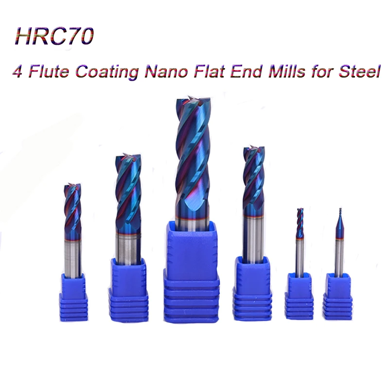 Brocas de extremo plano de acero de tungsteno HRC70, revestimiento azul Nano, Herramientas CNC, cortador de fresado, broca de fresado de carburo