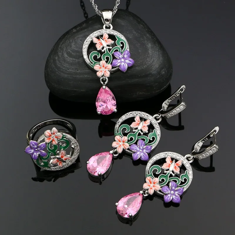 925 Silver Bridal Jewelry Set For Women Wedding Colorful Enamel Pink Cubic Zirconia Drop Earrings Ring Pendant Necklace