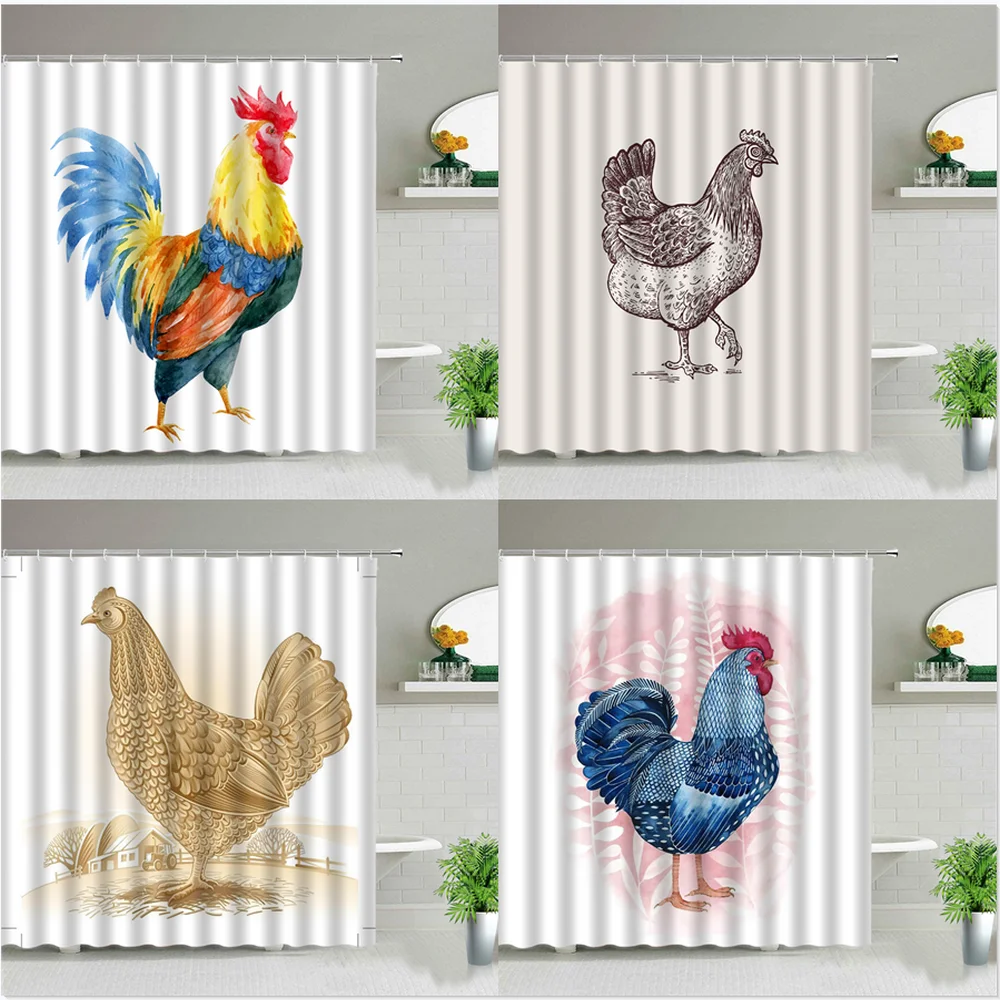 Farm Animal Chick Rooster Chicken Cartoon Retro Illustration Shower Curtains Bathtub Decoration Bathroom Decor Cloth Curtain Set