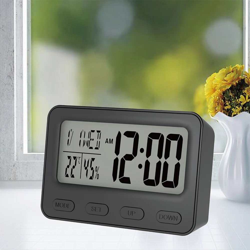 

Electronic kids bedside wake up alarm clock digital LCD desk clock with indoor thermometer and hygrometer calendar and snooze