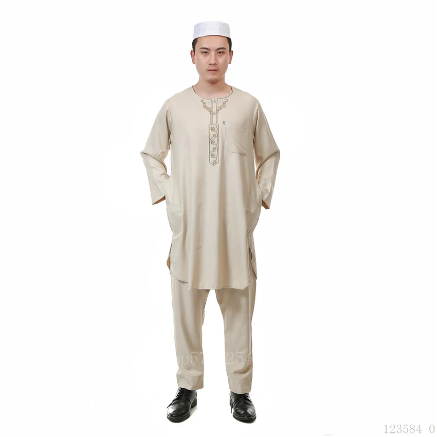 Men Muslim Traditional Jubba Thobe Male Islamic Summer Linen Dubai Top Pants Embroidery Ramadan Solid Embroidery Worship Service