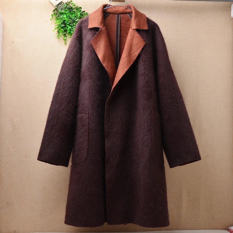 

female women autumn winter thick warm hairy mink cashmere knitted suit collar long sleeves loose lazy oaf cardigan mantle coat