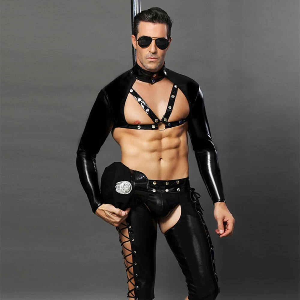 Sexy Faux Leather Male Sexy Police Costume Hot Erotic Cop Uniform Set Adult Men Role Play Costume Sex Clothes Top + Pants + Hat