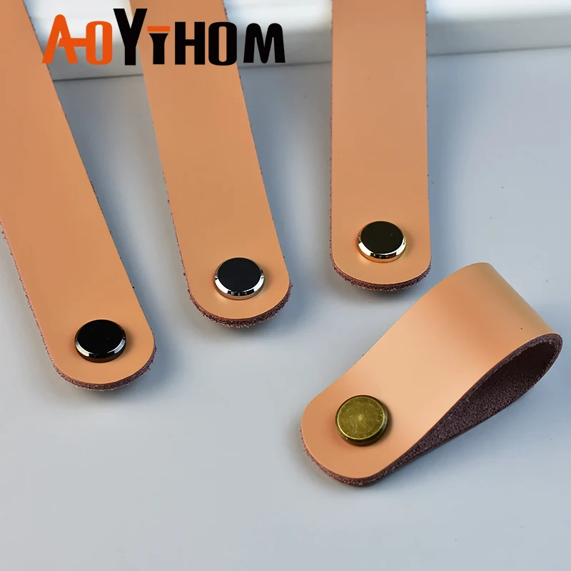 AOYIHOM Retro Style Khaki Kitchen Furniture Handle American Leather Drawer Dressing Table Knob Shoe Cupboards Wardrobe Door Pull