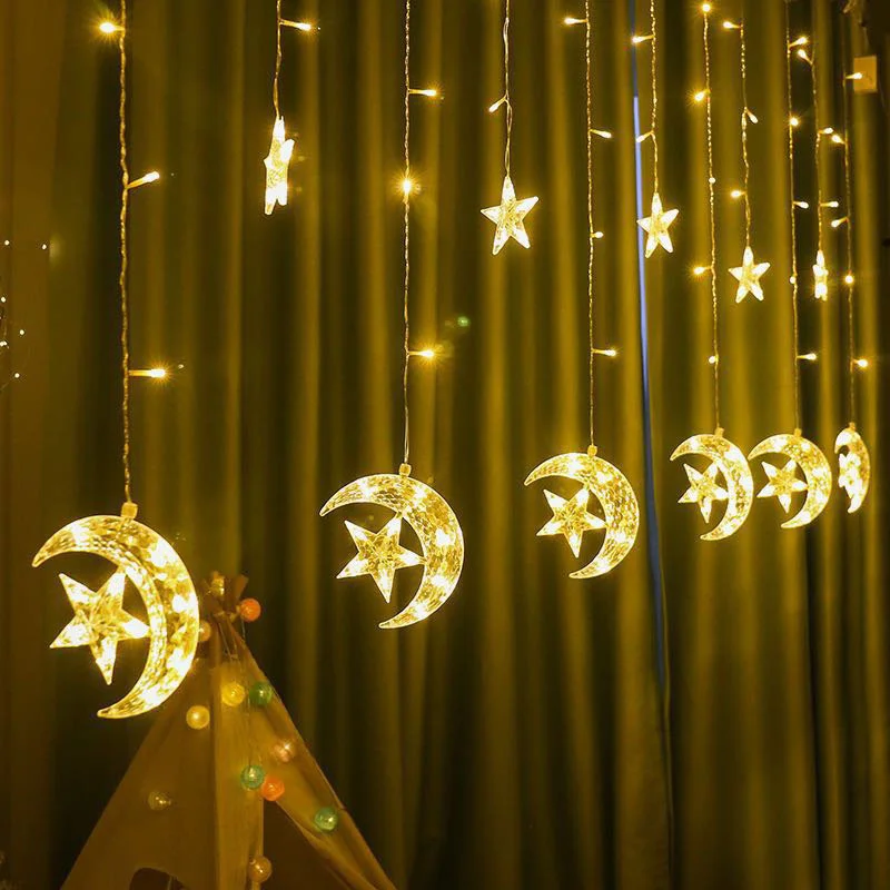 220V EU Plug LED Moon Star Curtain String Lights Christmas Garland Fairy Lights for Garden Party Room Wedding Ramadan Decoration