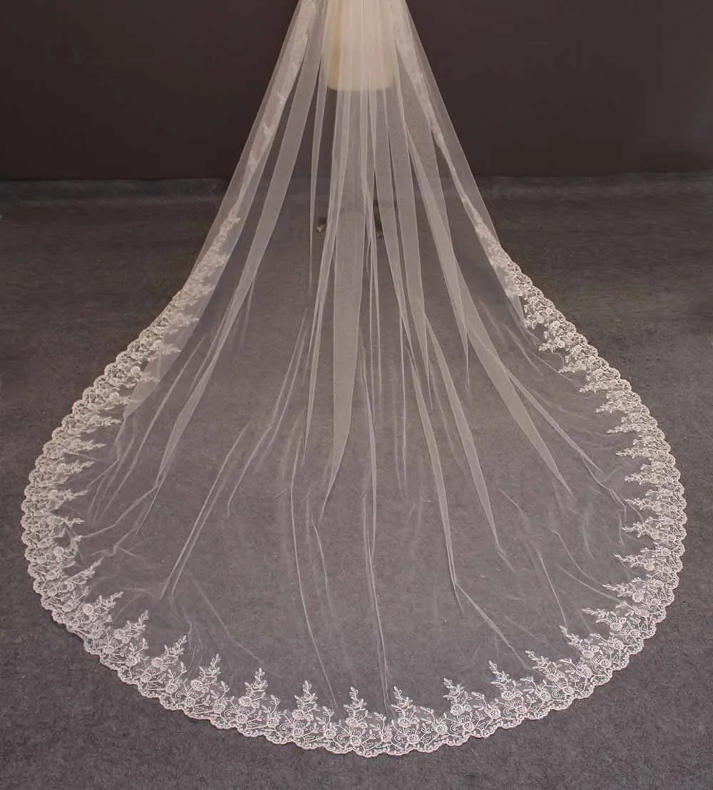 Voile de mariée Long en dentelle, blanc, ivoire, 3.5 mètres, avec peigne, une couche