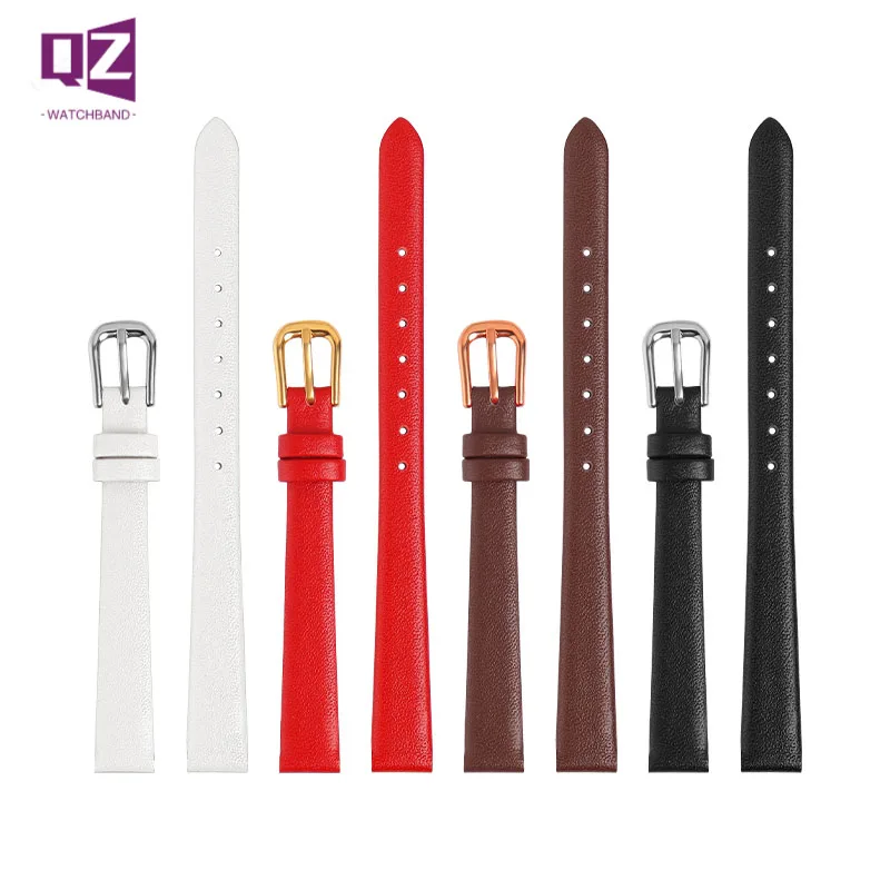 Women's Genuine Leather Watch Bracelet Mini Band 6mm-12mm Red Color Small Strap Fashion Watchband for 14mm Wristwatches