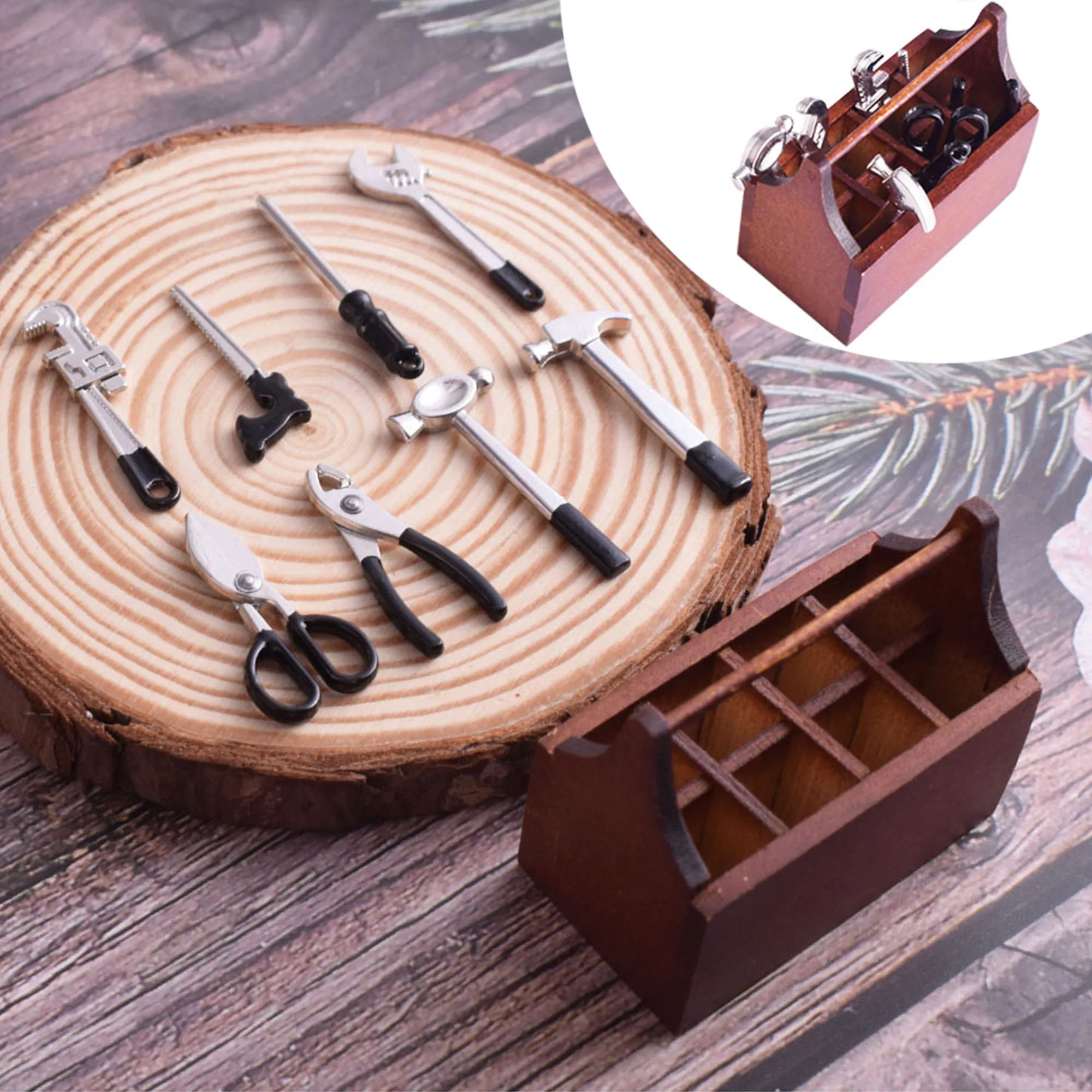 Miniature House Tool Box with 8PCS Tools Fairy Garden Metal Repair Tool Scene Multi-Tool Model Set DIY Dollhouse Furniture 2 set