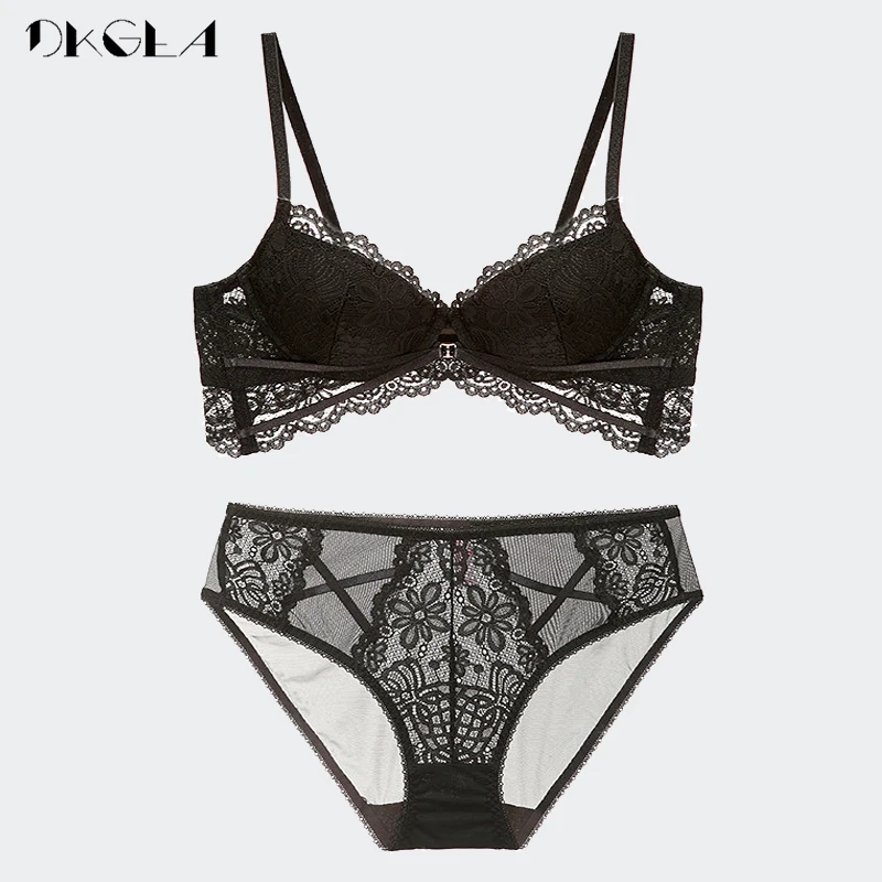 Top Black Fashion Thick Cup Brassiere Embroidery Push Up Bra Set Sexy Lingerie Women Brand Lace Underwear Set Deep V Temptation