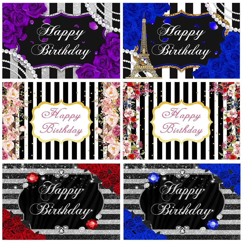 

Mocsicka Happy Birthday Photography Background Striped Flowers Pearl Decoration Props Adult Birthday Party Photo Backdrop Studio