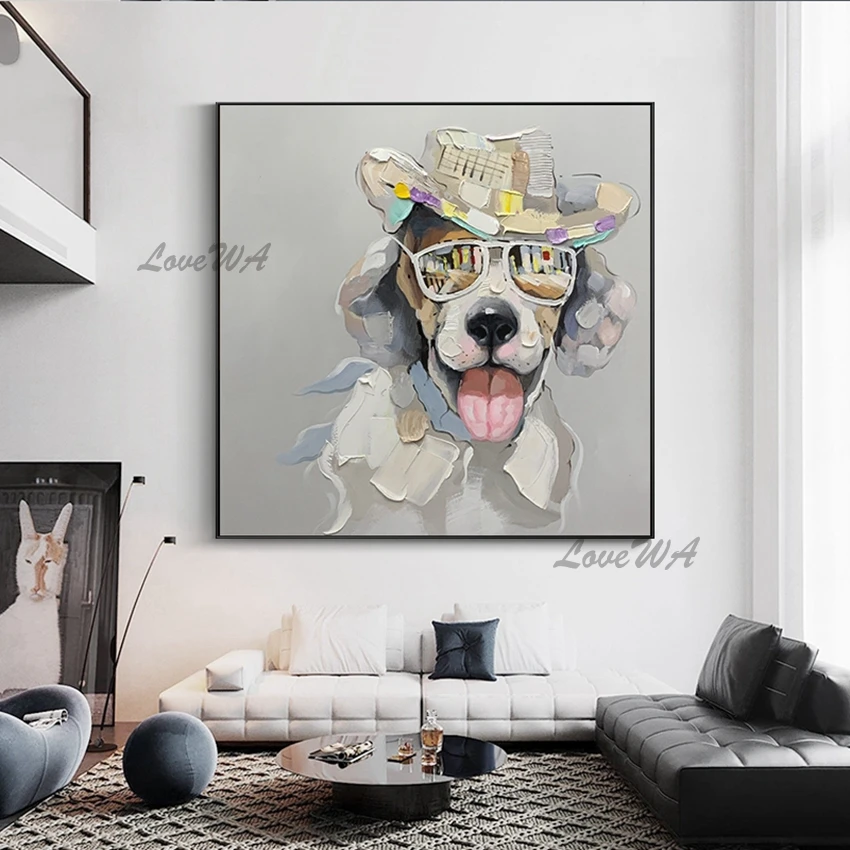 Animal Abstract Painting Of A Spectacled Dog, In A Floral Hat Modern Wall Painting, Home Decoration For Bedroom Unframed Artwork