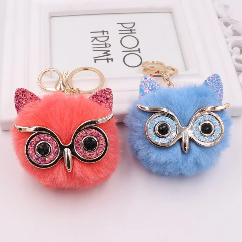 Fashion Cute Cartoon Keychain Owl Soft Pompom Animal Tail Hair Ball Car Keychain Ladies Car Bag Accessories Key Ring Mom Gift