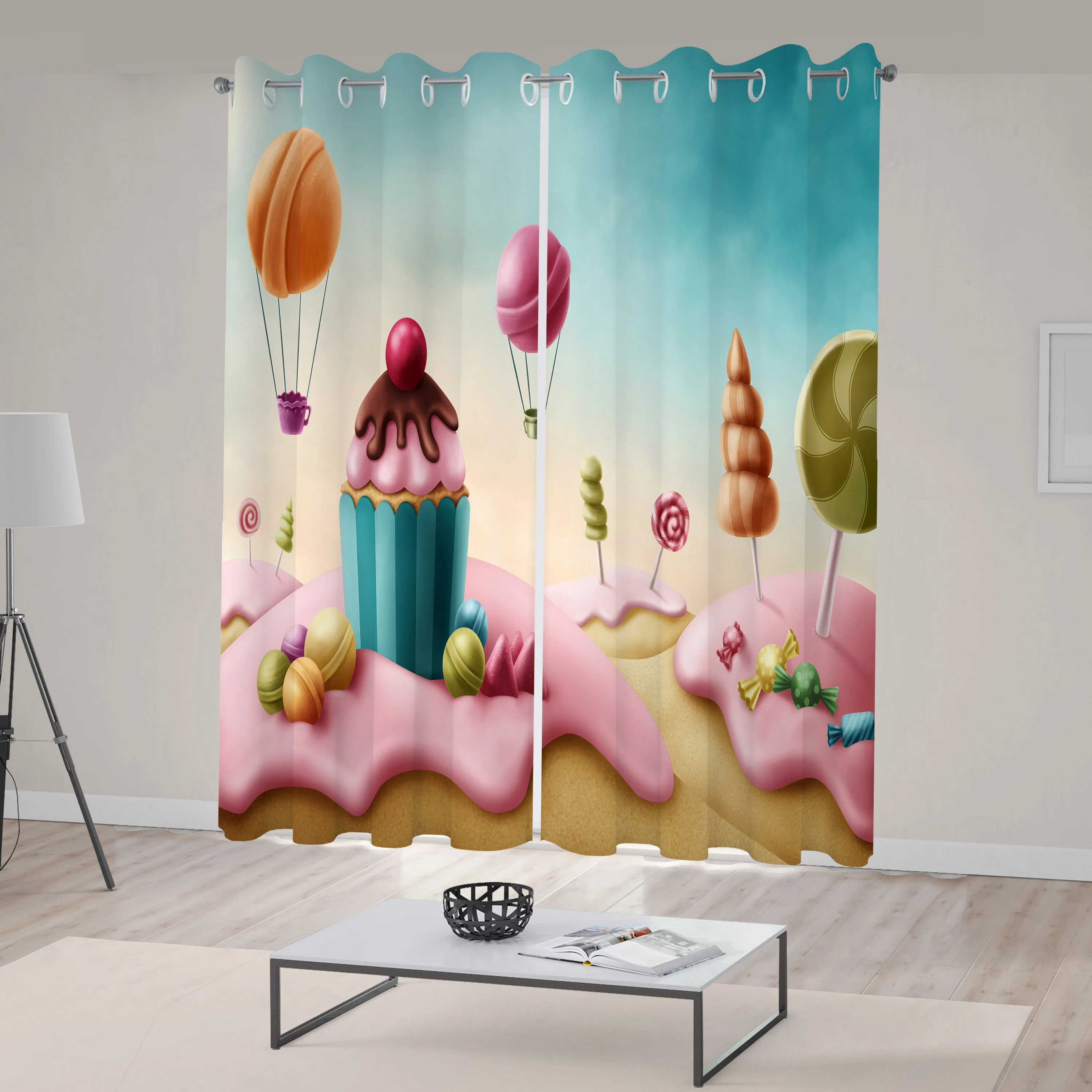 Fantasy Kitchen Curtains Fantasy Candyland with Cupcake Bonbon Lollipops Food Fairytale Delicious Sweets Window Drapes