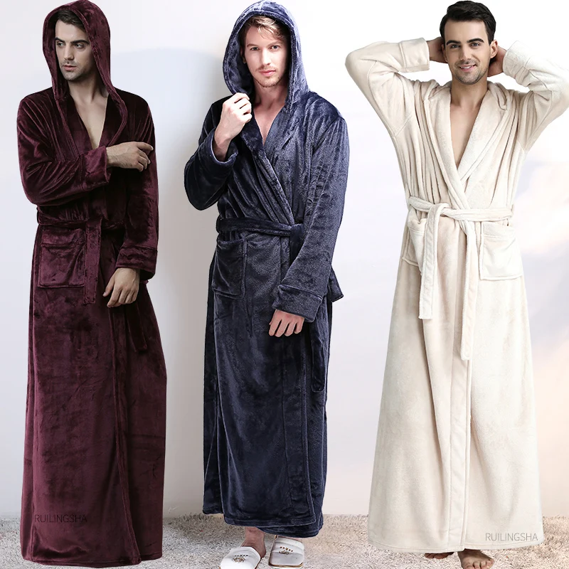 Men Winter Extra Long Warm Flannel Bathrobe Plus Size Coral Fleece Bath Robe Hooded Bride Dressing Gown Women Cozy Sleepwear Spa