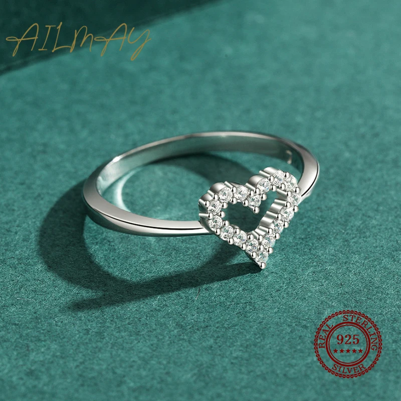 Ailmay Fine Romantic Hollowed Heart 925 Sterling Silver Clear Zircon Finger Ring For Women Wedding Engagement Statement Jewelry