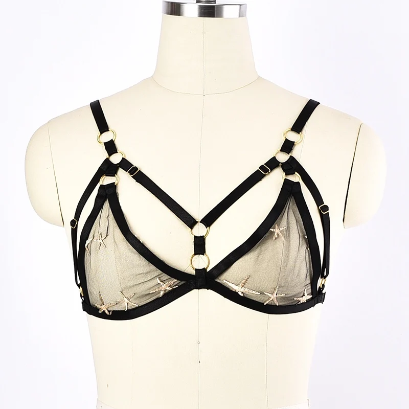 

Punk Harness Bra Embroidery Mesh Sexy Lingerie Perspective Bondage Body Harness Belt Gold Ring Elastic Adjust Cage Bra