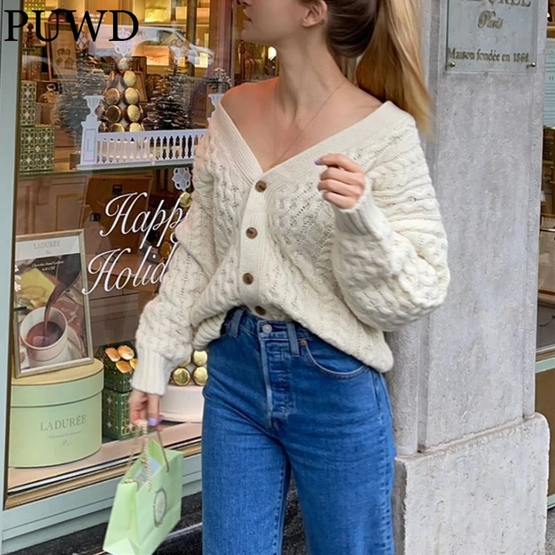 PUWD Casual Women Knitted V Neck Wool Sweater Button Loose 2022 Spring Fashion Ladies Cardigan Sweater Female Chic Knitwear