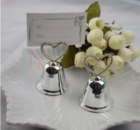 100 pcs/lot Heart Kissing Bell Place Card Photo Holder Bridal Wedding Metal Heart Shape Favor Favors Golden Silver Color