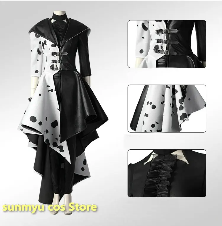 

2021 Cruella Costume Cosplay Evil Queen Black White Coat Evening Party Dress Fashion Emma Magic Performance Oufit Halloween