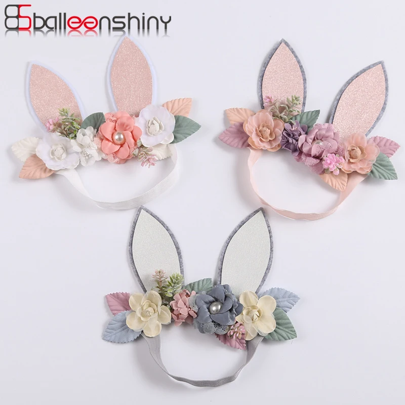 

Balleenshiny Cute Festive Baby Girls Headband Glitter Rabbit Ears Mesh Lace Stitching Combination Flower Children's Headdress