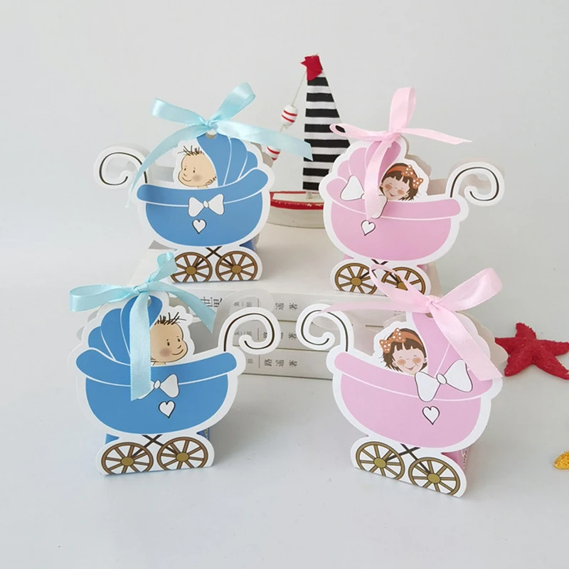 

50pcs Pink Girl Blue Boy Paper Baby Carriage Candy Box Kids Favor And Gift Box Baby Shower Birthday Party Decoration Supplies