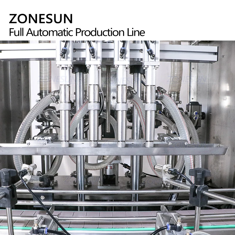 ZONESUN Full Automatic 4 Heads Servo Honey Oil Shampoo Round Bottle Jar Filling Capping Labeling Machine for Production Line