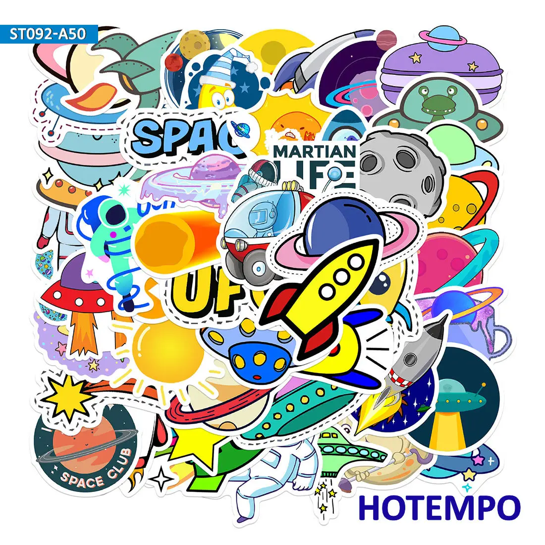 50Pieces Outer Space Alien Astronaut UFO Rocket Ship Planet Cartoon Stickers for Scrapbook Luggage Cup Phone Laptop Sticker Toys