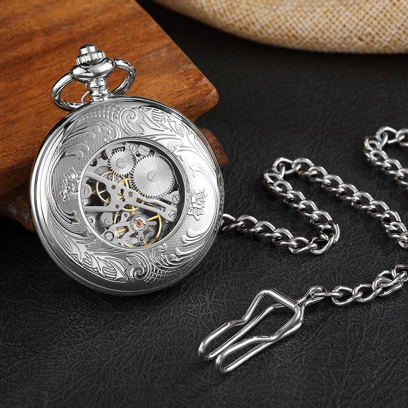 Sliver Deer Mechanical Pocket Watch Male Antique Vintage Hollow Steampunk Skeleton Luxury Engraved Gold Fob Chain Clock for Men