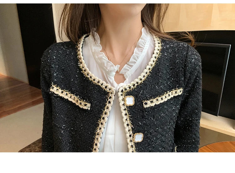 Fall Winter Black Tweed Suits for Women Elegant Single-breasted Long Sleeve Cardigan Jacket + Chiffon Shirt + Mini Skirt Sets
