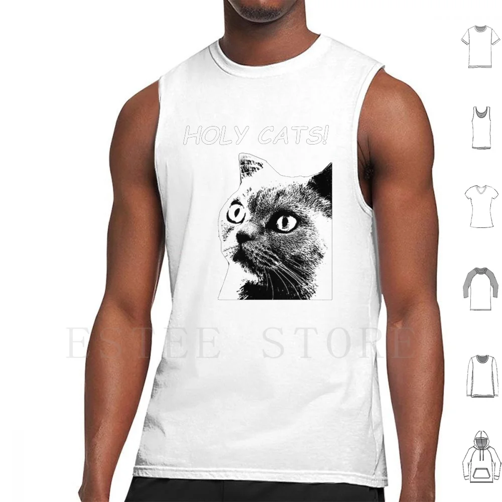 Holy Cats Tank Tops Vest Sleeveless Holy Cats Cat Funny Surprise Black And White Crazy Cat Surprise Cat Meme Cartoon Black