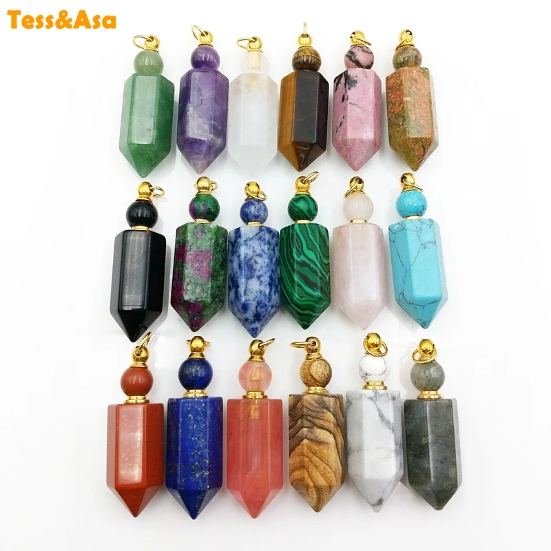 Gems-stone Hexagon prism Bottle necklace essential oil diffuser stainless steel Crystal Quartz pendant Perfume jewelry vials