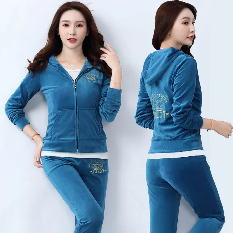 2023 Fall Women Elegant Velvet Tracksuit 2 Piece Set Women Winter Embroidery Long Sleeve Zip Hooded Jacket Tops +Long Pants Suit