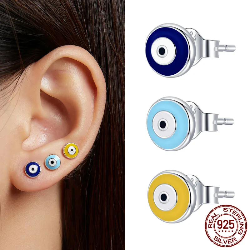 WOSTU 1 pieces 925 Sterling Silver Guardian Eye Stud Earrings Enamel Stud Earrings For Women Fashion Silver Jewelry Gift CQE1207