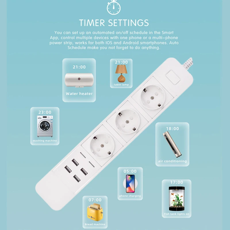สมาร์ท Wifi Power Strip 3 EU ปลั๊ก4 USB ชาร์จพอร์ตจับเวลาเสียง App Control ทำงานร่วมกับ Alexa google Home Assistant