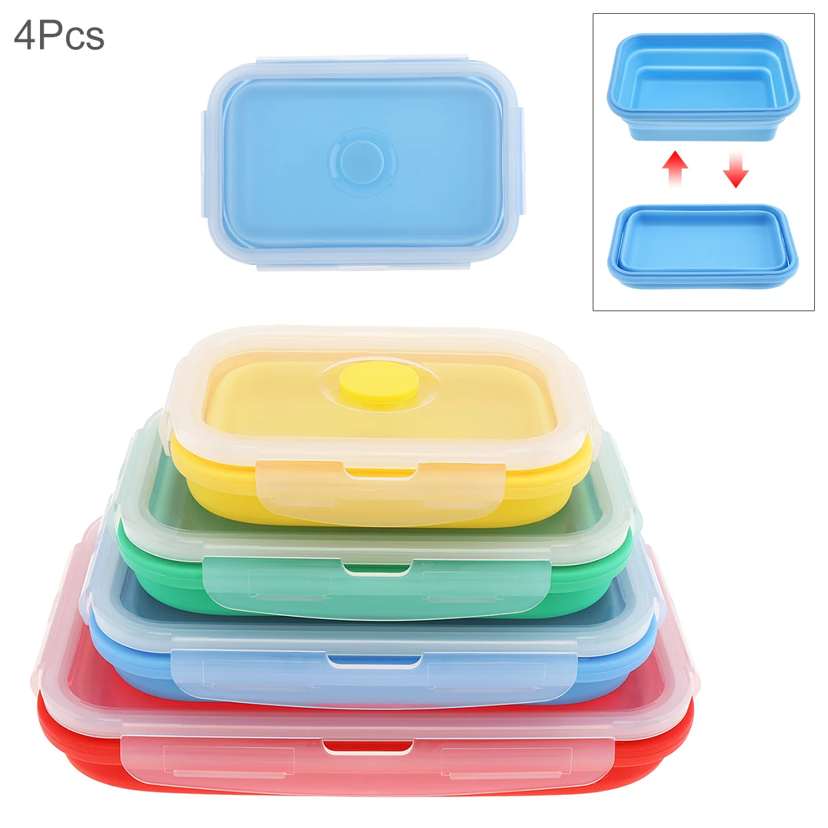 4pcs Silicone Rectangle Lunch Box Collapsible Bento Box Folding Food Container Bowl 350/500/800/1200ml for Dinnerware