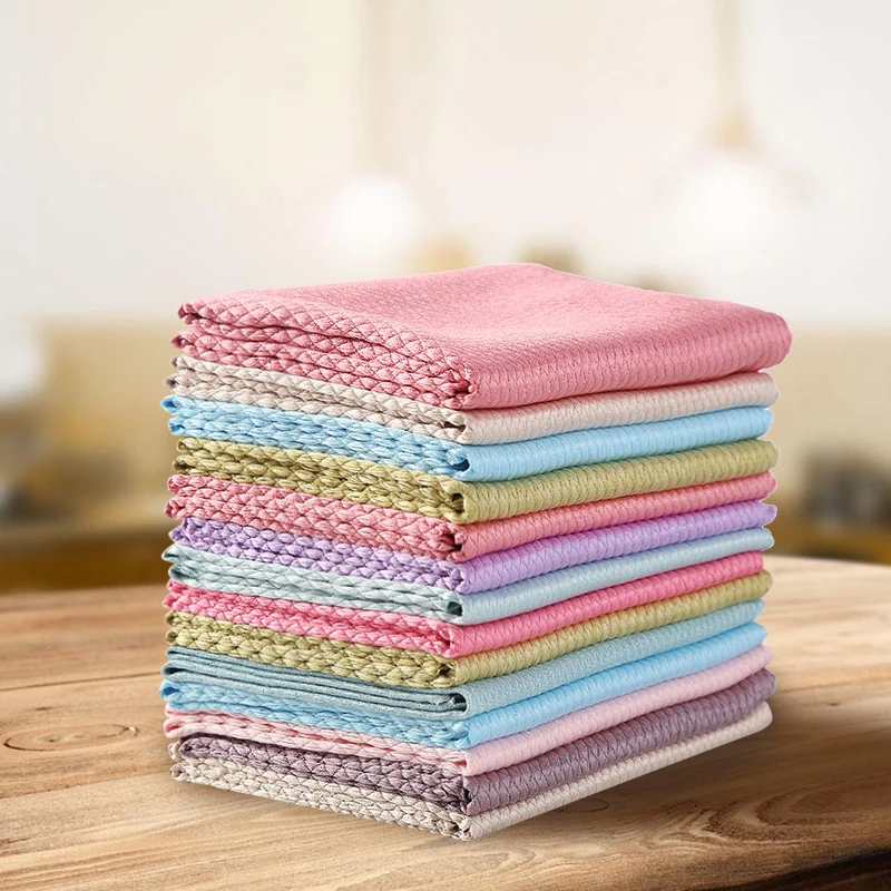 5Pcs Kitchen Microfiber Cleaning Cloth Anti-grease Wiping Rags Efficient Fish Scale Wipe Cloth Home Washing Dish Cleaning Towel