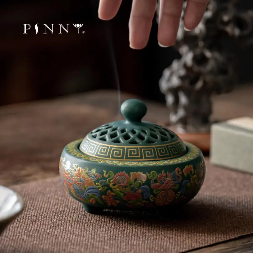 PINNY Large Retro Enamel Ceramic Incense Burner Sandalwood Coil Incense Base Home Decoration Accessories Zen Stick Censer