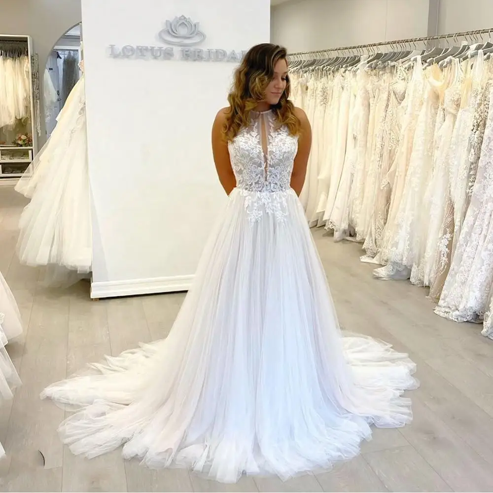 LSYX Wedding dress Halter with Sweep Train robe de soirée de mariage Tulle Bridal Gown  Sleeveless Elegant vestidos de novia