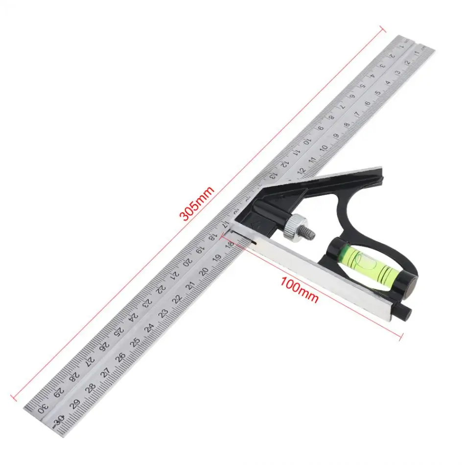 Square Ruler Set Kit 300mm 12inch Adjustable Engineers Combination Try None Right Angle Ruler With Bubble Level  Measuring Tools