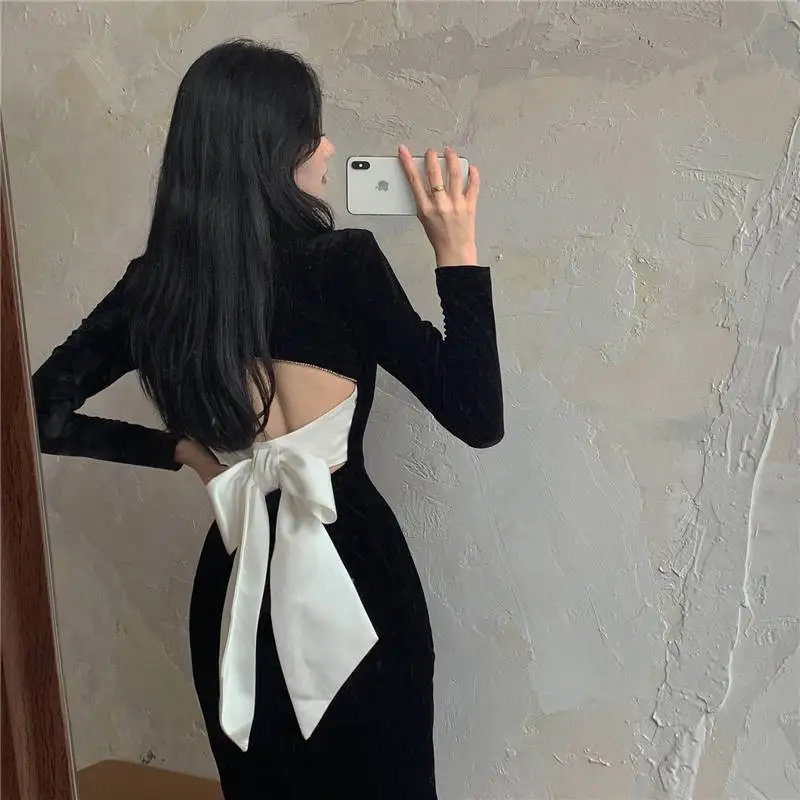 Vintage Square Collar Velour Women Dress Bow Bandage Hollow-out Dresses 2022 Autumn New Slim Split Vestido Femme