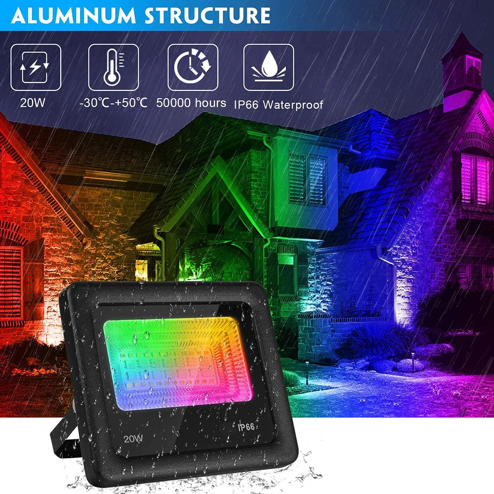 16 Million Colors 27 Modes LED Flood Lights RGB Color Changing 20W Bluetooth APP Control IP66 Waterproof Outdoor Dimmable D30