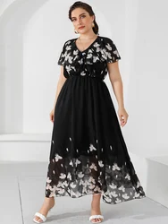 Plus Size Casual Women's Dresses 2024 Summer Ruffles V Neck Short Sleeve Floral Maxi Long Dress Black Chiffon Boho Beach Dresses