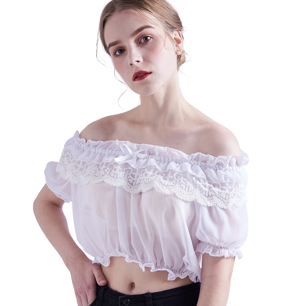 Women Chiffon Blouse Girls Cute Lolita Off Shoulder Crop Tops